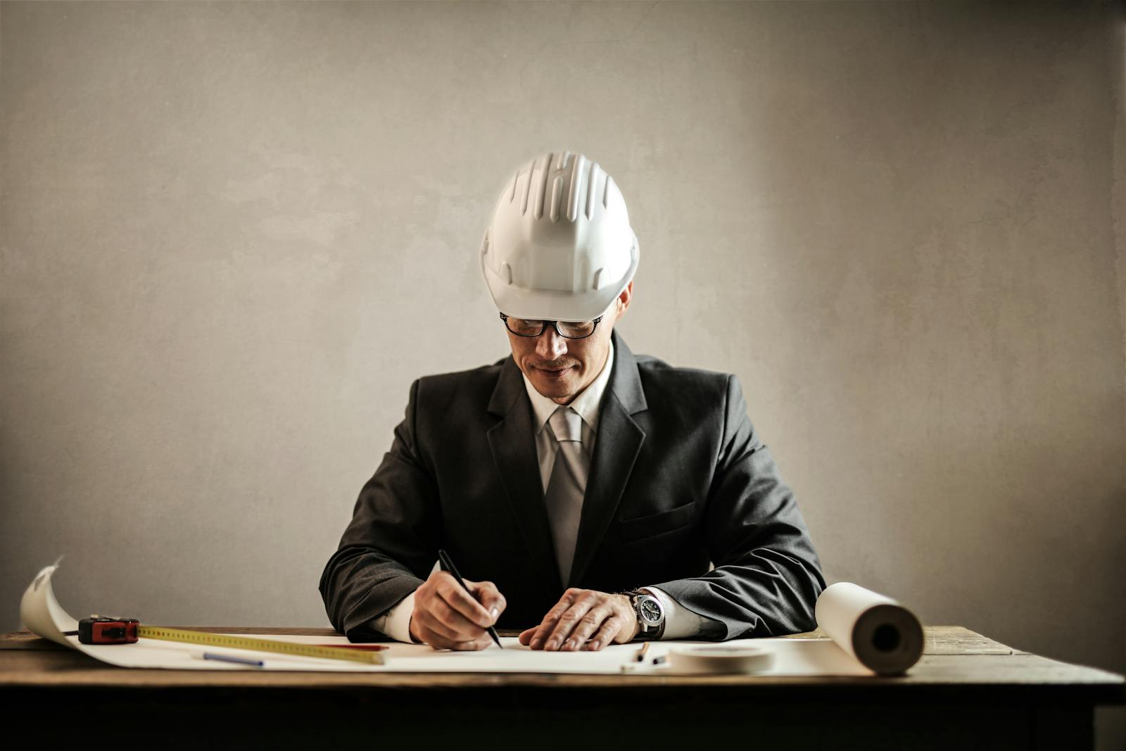 Engineer in a suit drafting architectural plans at a desk indoors. what does a construction manager do