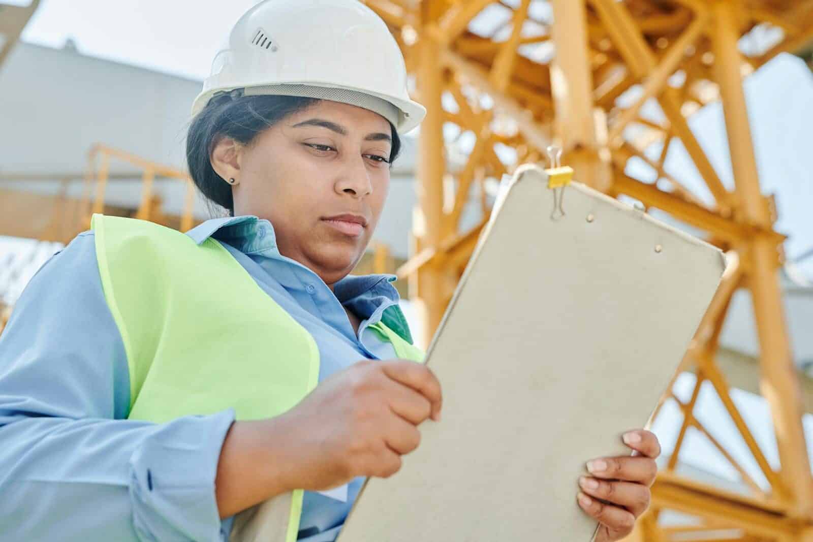 Confident female construction worker inspecting site with clipboard and helmet. What a Construction Manager Does and Why the Role Matters