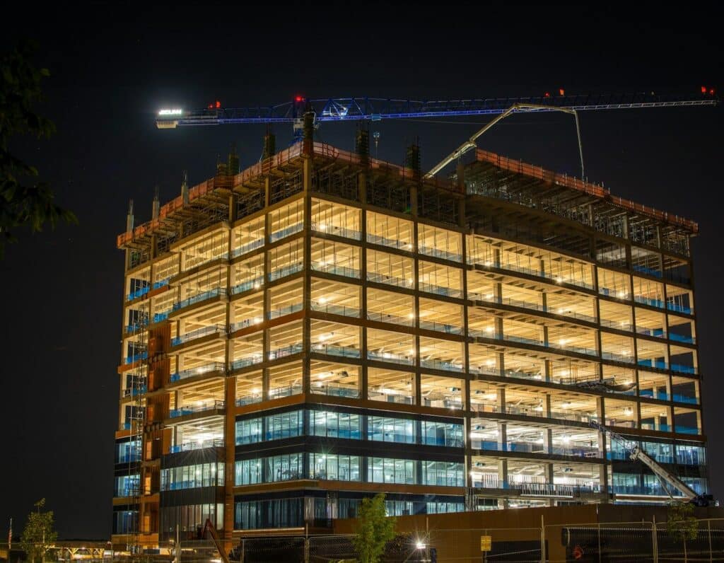 a large building with a crane on top of it