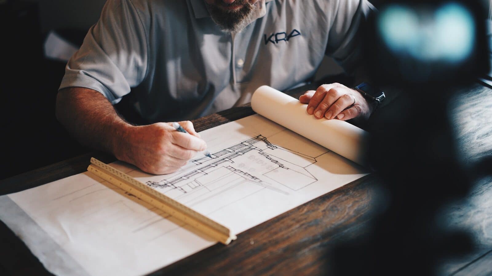 An architect working on a draft with a pencil and ruler 5 Key Steps In The Construction Project Management Process | How A Strong Project Management Process Reduces Construction Delays